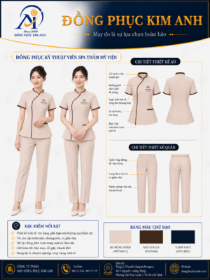 Đồng Phục Kim Anh nhận may đồng phục spa giá rẻ HCM cho spa, thẩm mỹ viện, clinic và cơ sở chăm sóc sắc đẹp. Hỗ trợ may đo theo yêu cầu, thiết kế maquette, nhận may số lượng ít, tư vấn mẫu cho lễ tân, kỹ thuật viên, chăm sóc khách hàng và báo giá rõ ràng tại TP.HCM.