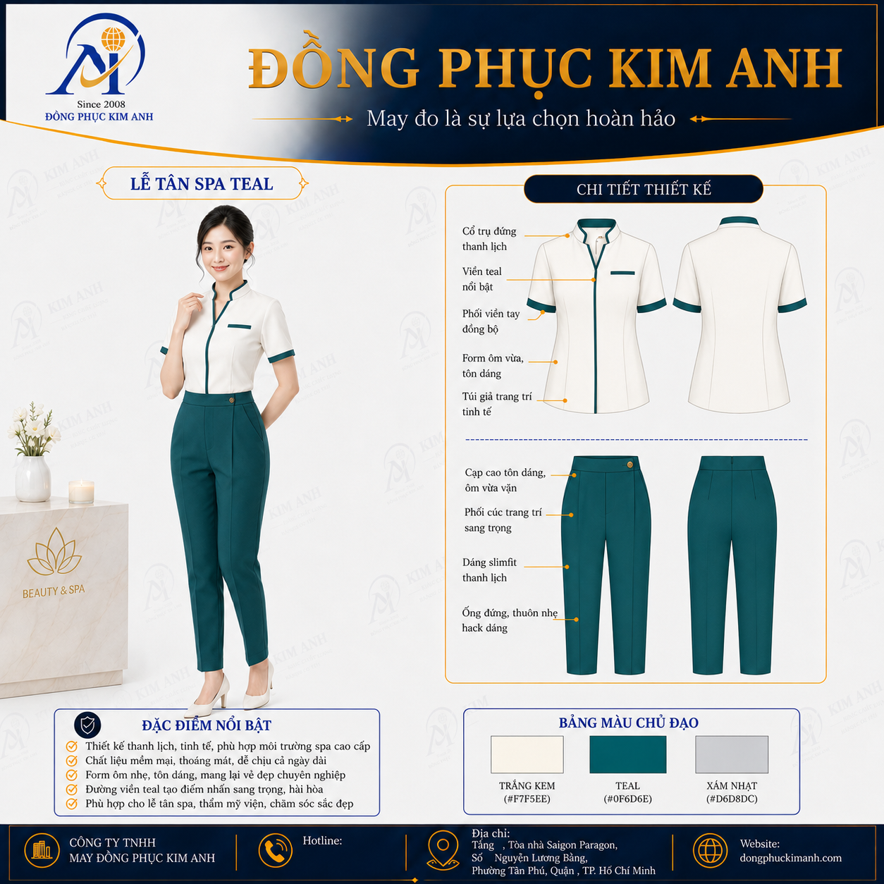 đồng phục lễ tân (11) Đồng Phục Kim Anh nhận may đồng phục spa giá rẻ HCM cho spa, thẩm mỹ viện, clinic và cơ sở chăm sóc sắc đẹp. Hỗ trợ may đo theo yêu cầu, thiết kế maquette, nhận may số lượng ít, tư vấn mẫu cho lễ tân, kỹ thuật viên, chăm sóc khách hàng và báo giá rõ ràng tại TP.HCM.