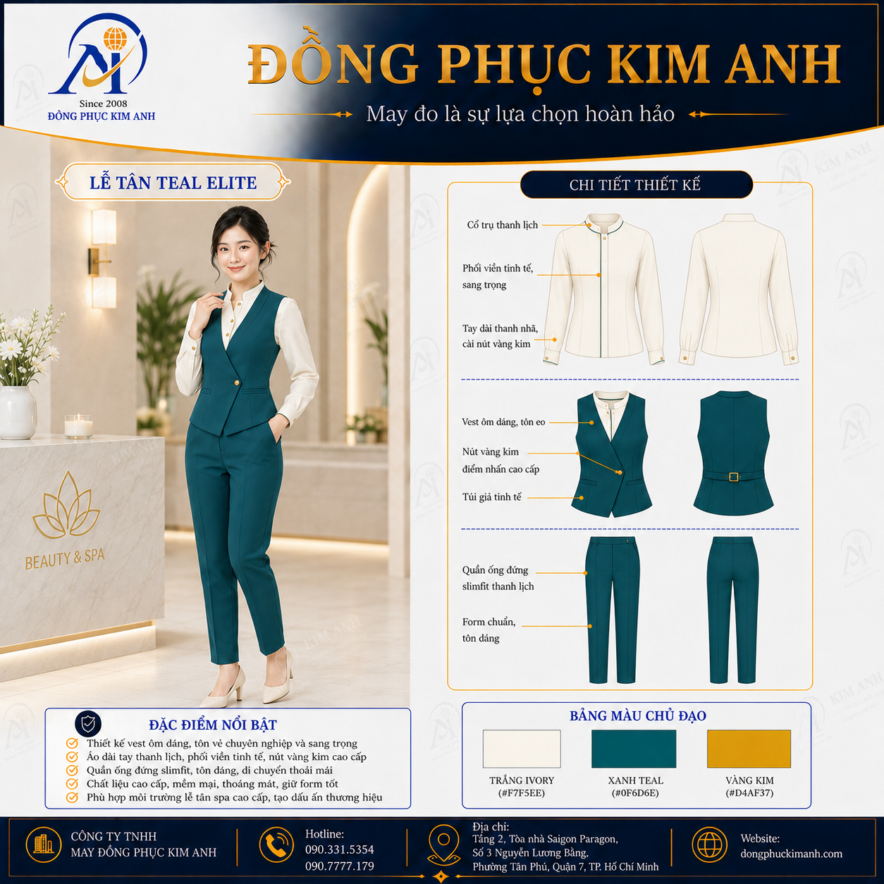 đồng phục lễ tân hồ chí minh (30) Đồng Phục Kim Anh nhận may đồng phục spa giá rẻ HCM cho spa, thẩm mỹ viện, clinic và cơ sở chăm sóc sắc đẹp. Hỗ trợ may đo theo yêu cầu, thiết kế maquette, nhận may số lượng ít, tư vấn mẫu cho lễ tân, kỹ thuật viên, chăm sóc khách hàng và báo giá rõ ràng tại TP.HCM.