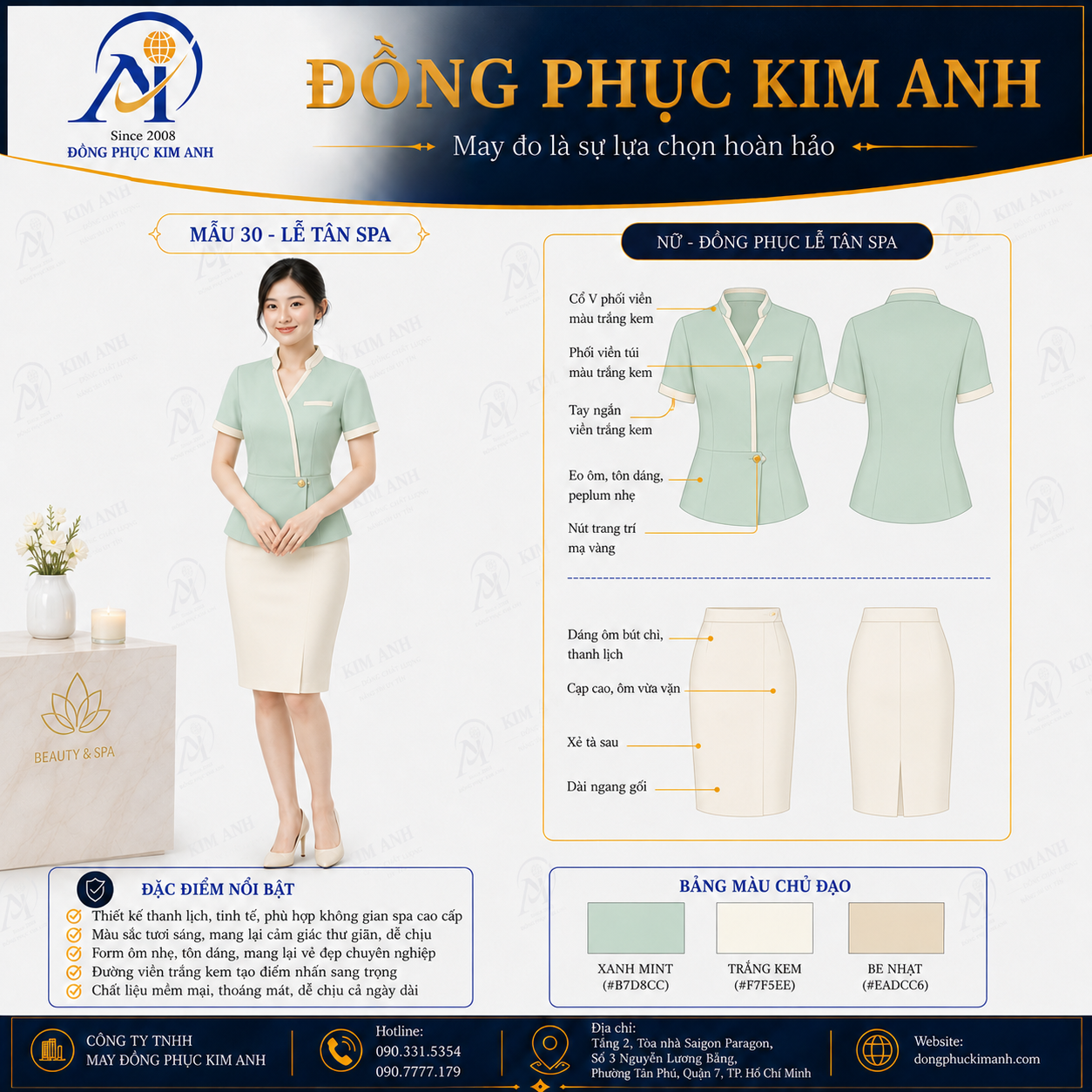 đồng phục lễ tân hồ chí minh (5) Đồng Phục Kim Anh nhận may đồng phục spa giá rẻ HCM cho spa, thẩm mỹ viện, clinic và cơ sở chăm sóc sắc đẹp. Hỗ trợ may đo theo yêu cầu, thiết kế maquette, nhận may số lượng ít, tư vấn mẫu cho lễ tân, kỹ thuật viên, chăm sóc khách hàng và báo giá rõ ràng tại TP.HCM.
