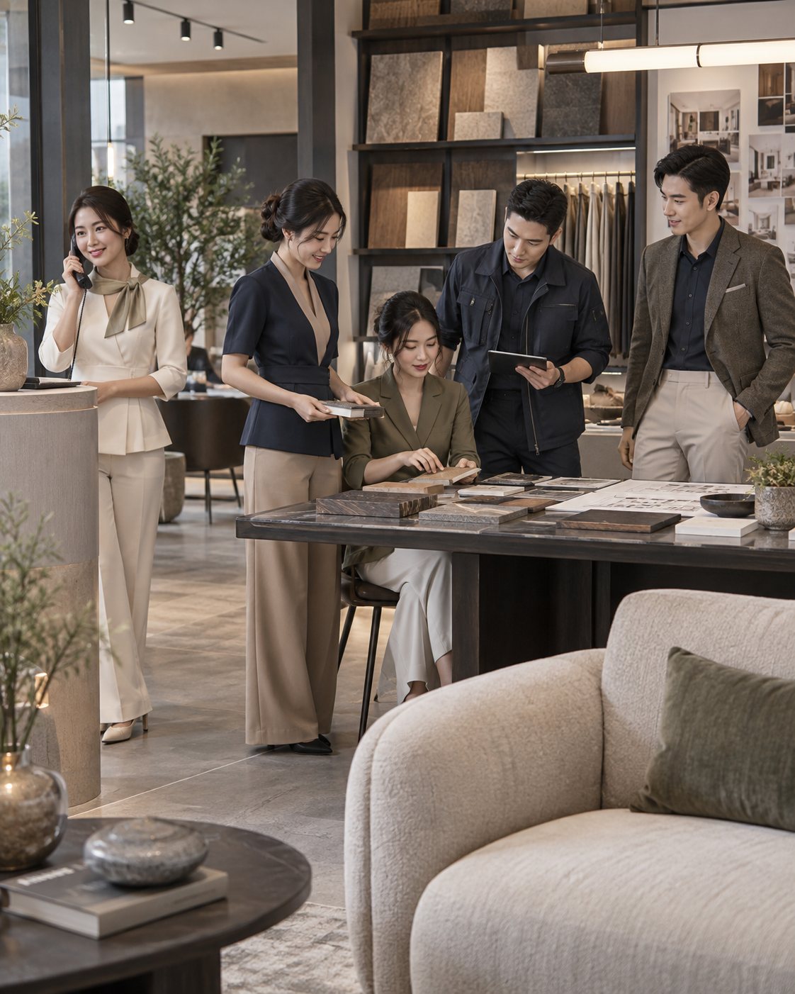 Đội ngũ người Việt trong showroom nội thất với đồng phục tông trung tính và olive
