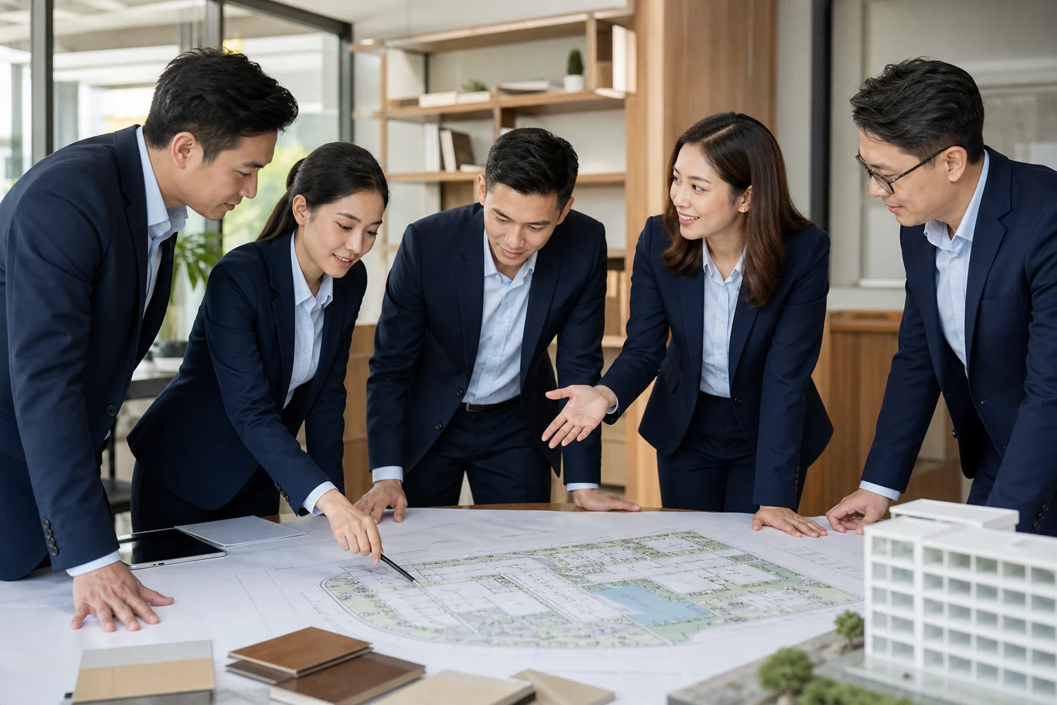 Nhóm nhân sự công sở trao đổi phương án dự án trong không gian làm việc hiện đại