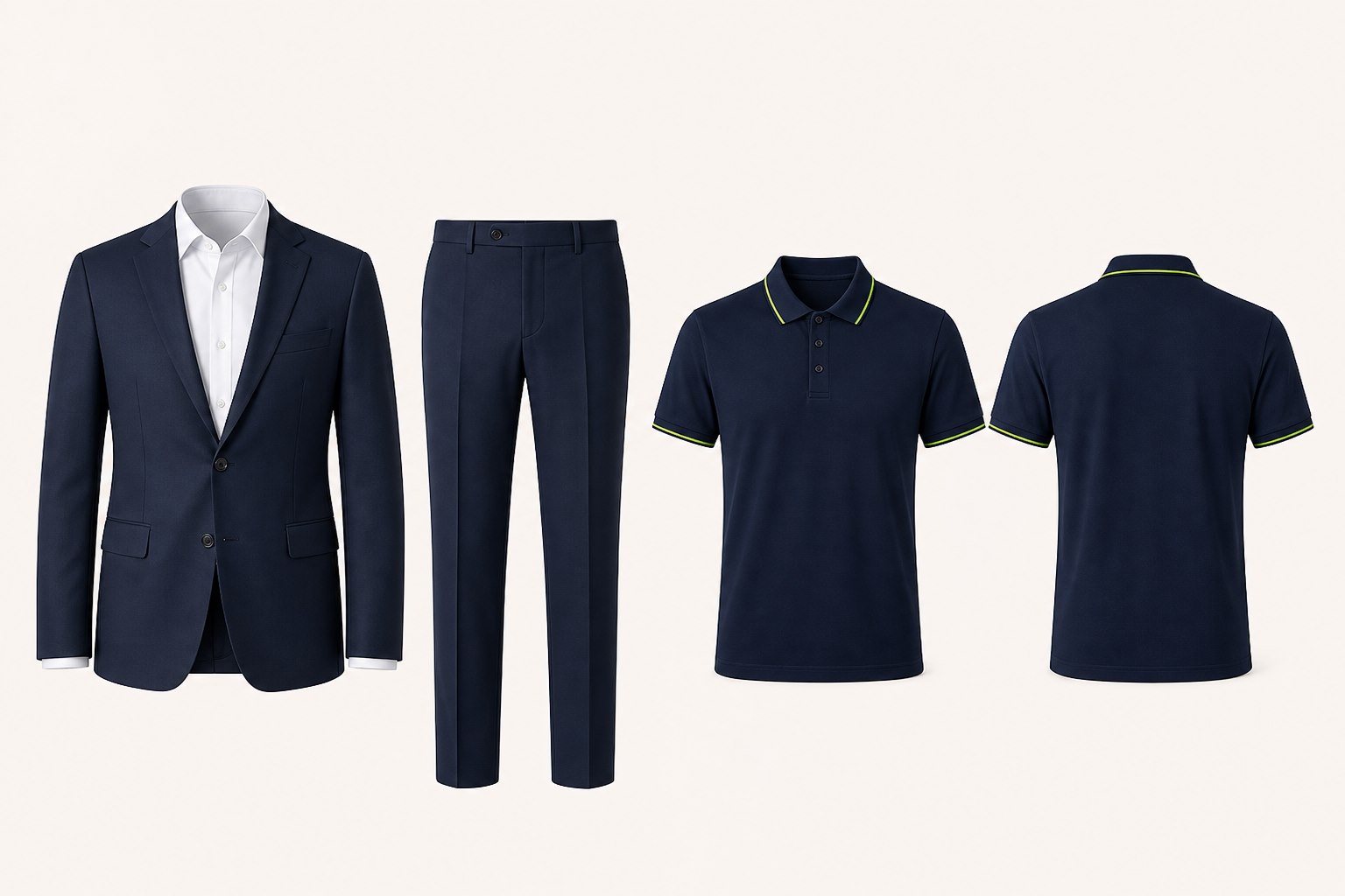 Maquette AI minh họa vest, sơ mi, quần tây và áo polo navy viền xanh