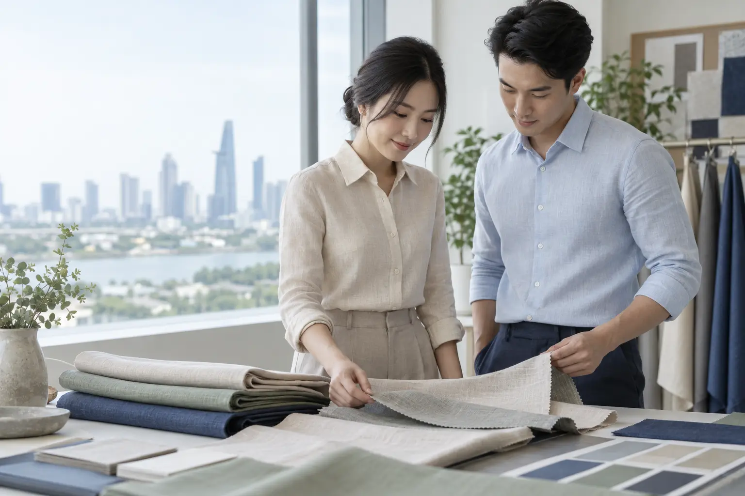 Nhân viên văn phòng đối chiếu mẫu vải Linen may đồng phục