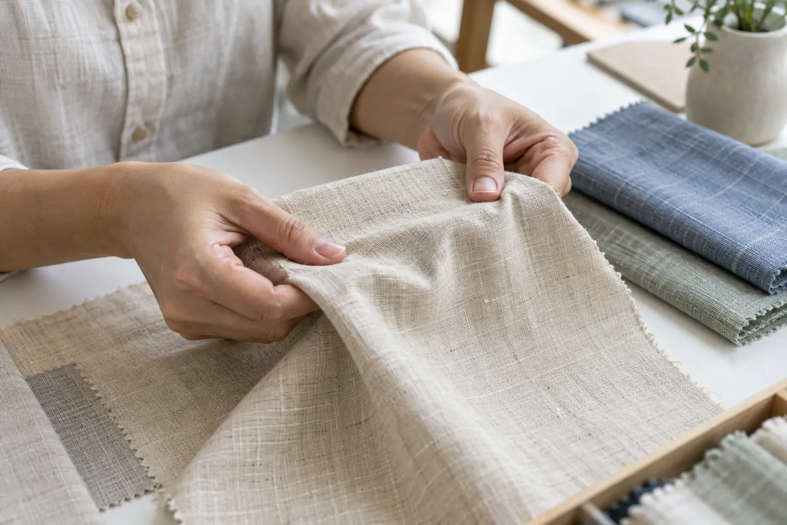 Vò nhẹ mẫu vải Linen may đồng phục để sàng lọc mức nhăn
