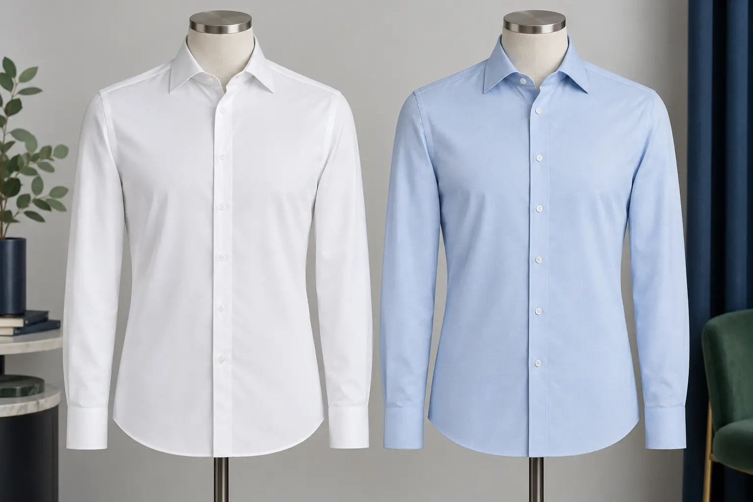 Hai mẫu sơ mi trên mannequin có thiết kế tương đương