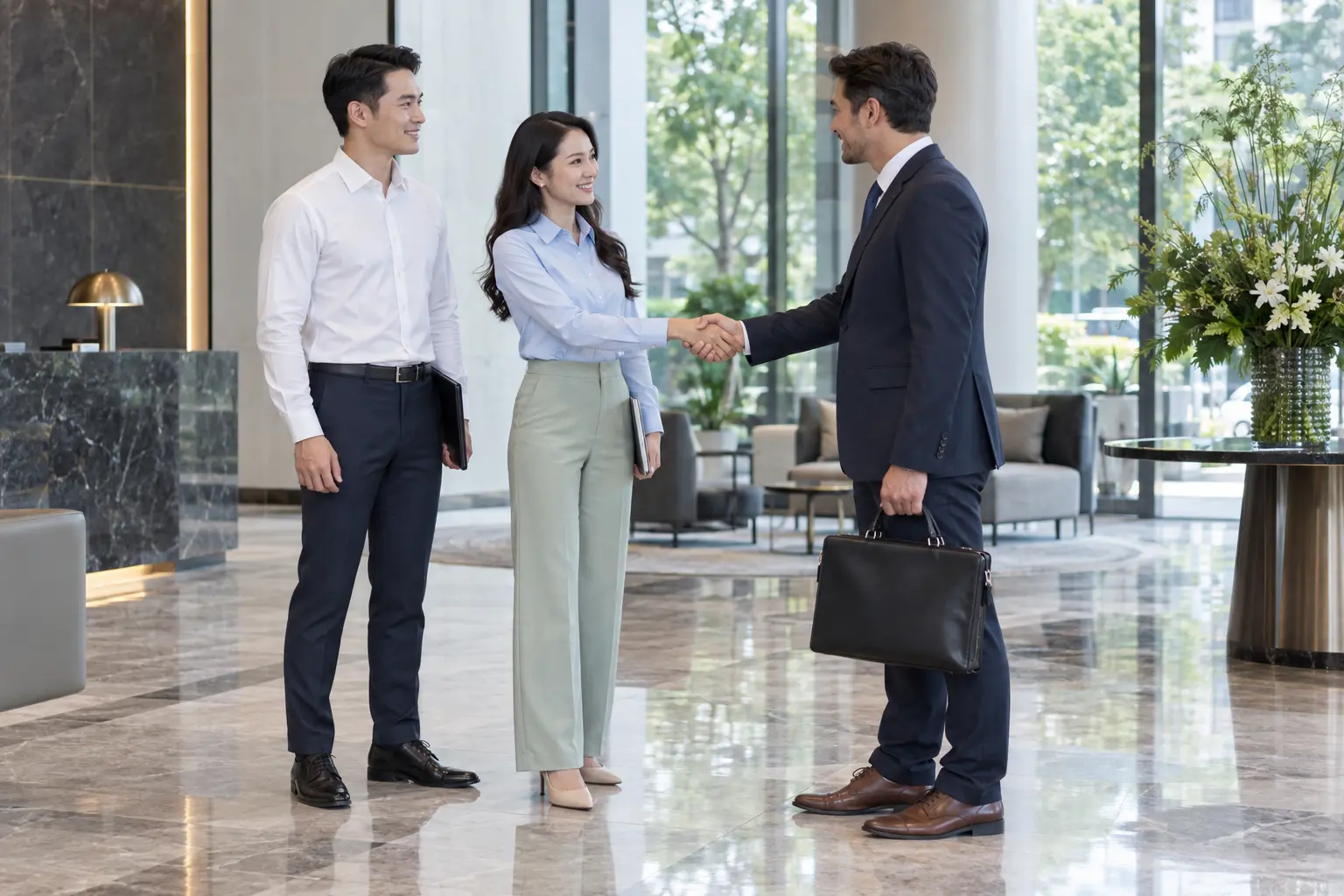 Nhân viên mặc sơ mi trong cuộc gặp khách hàng