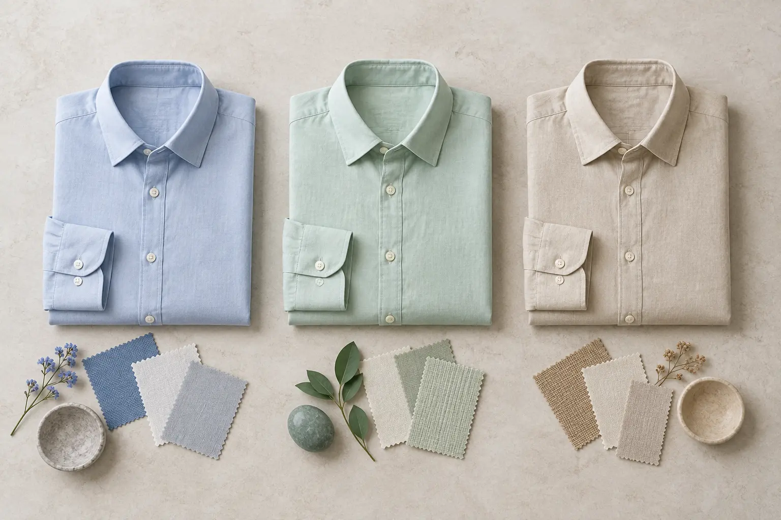 Ba áo sơ mi và ba nhóm swatch để so sánh vải Kate Bamboo Linen