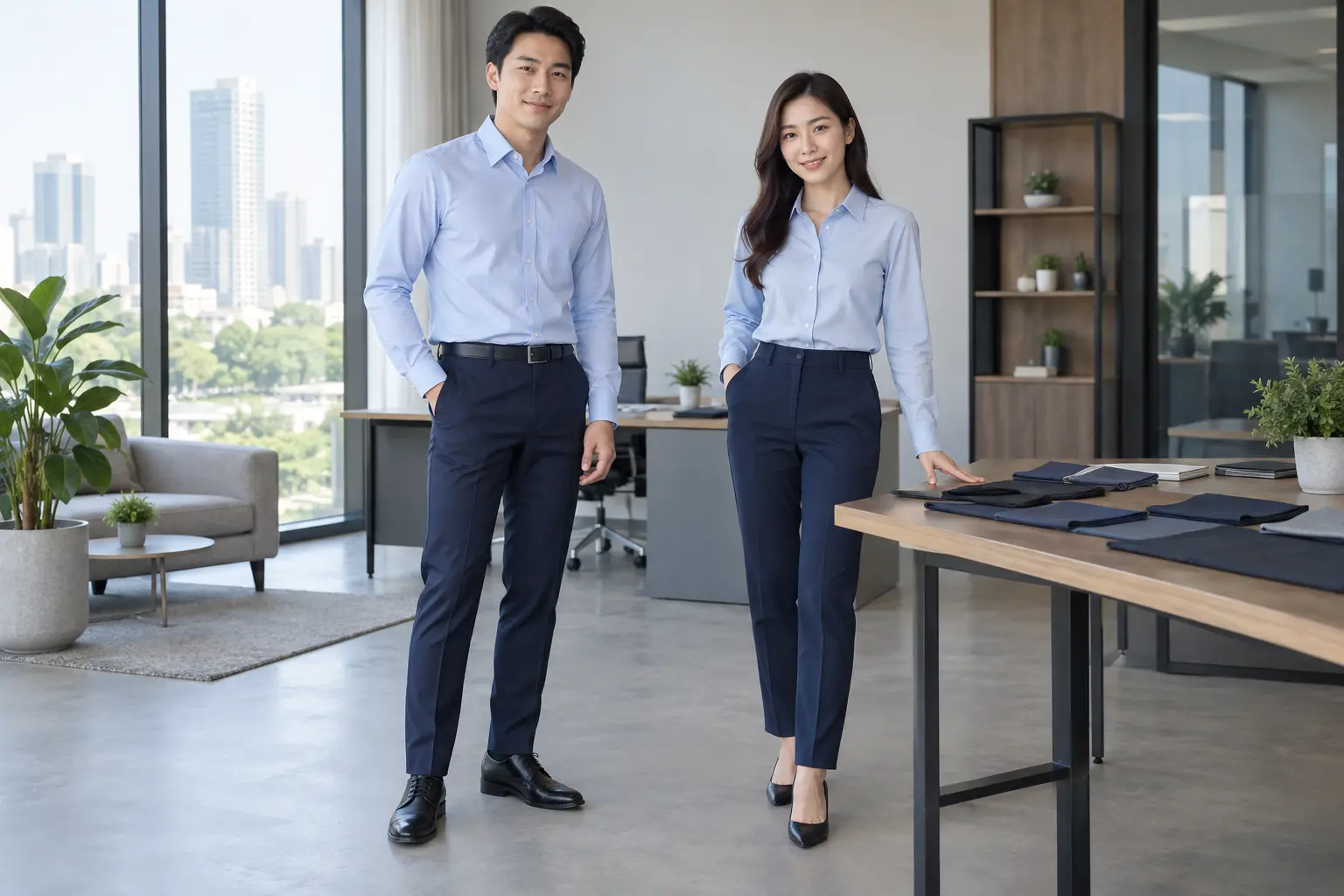 Vải may quần tây công sở minh họa trên trang phục nam nữ