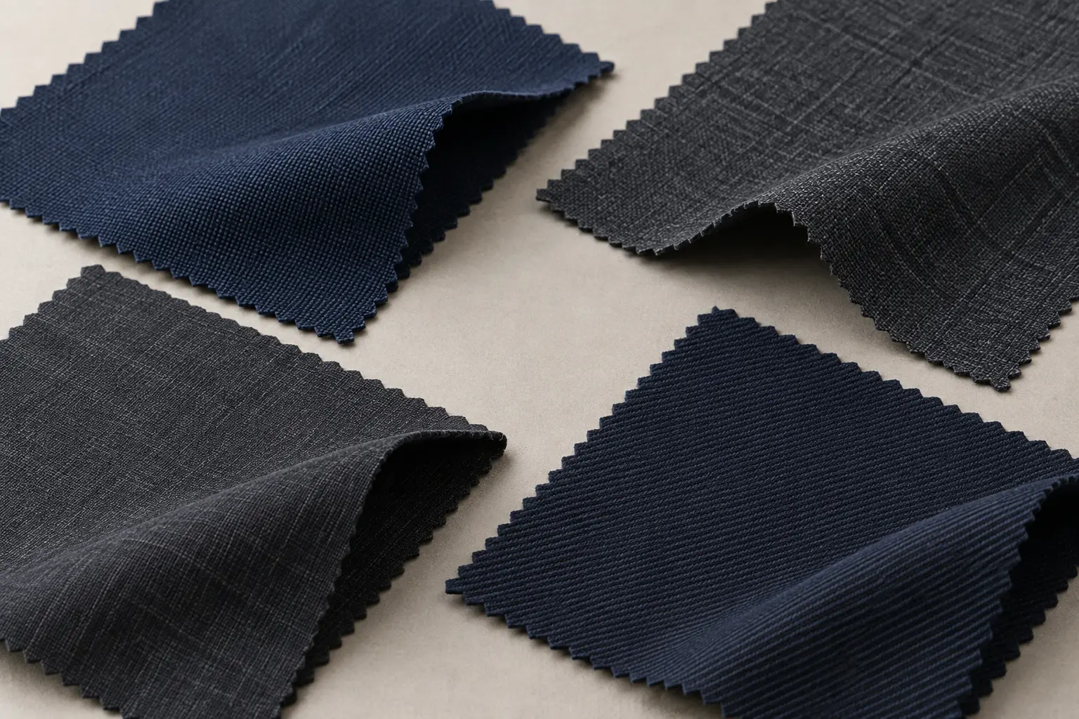Các mẫu vải màu navy và xám được đối chiếu bề mặt