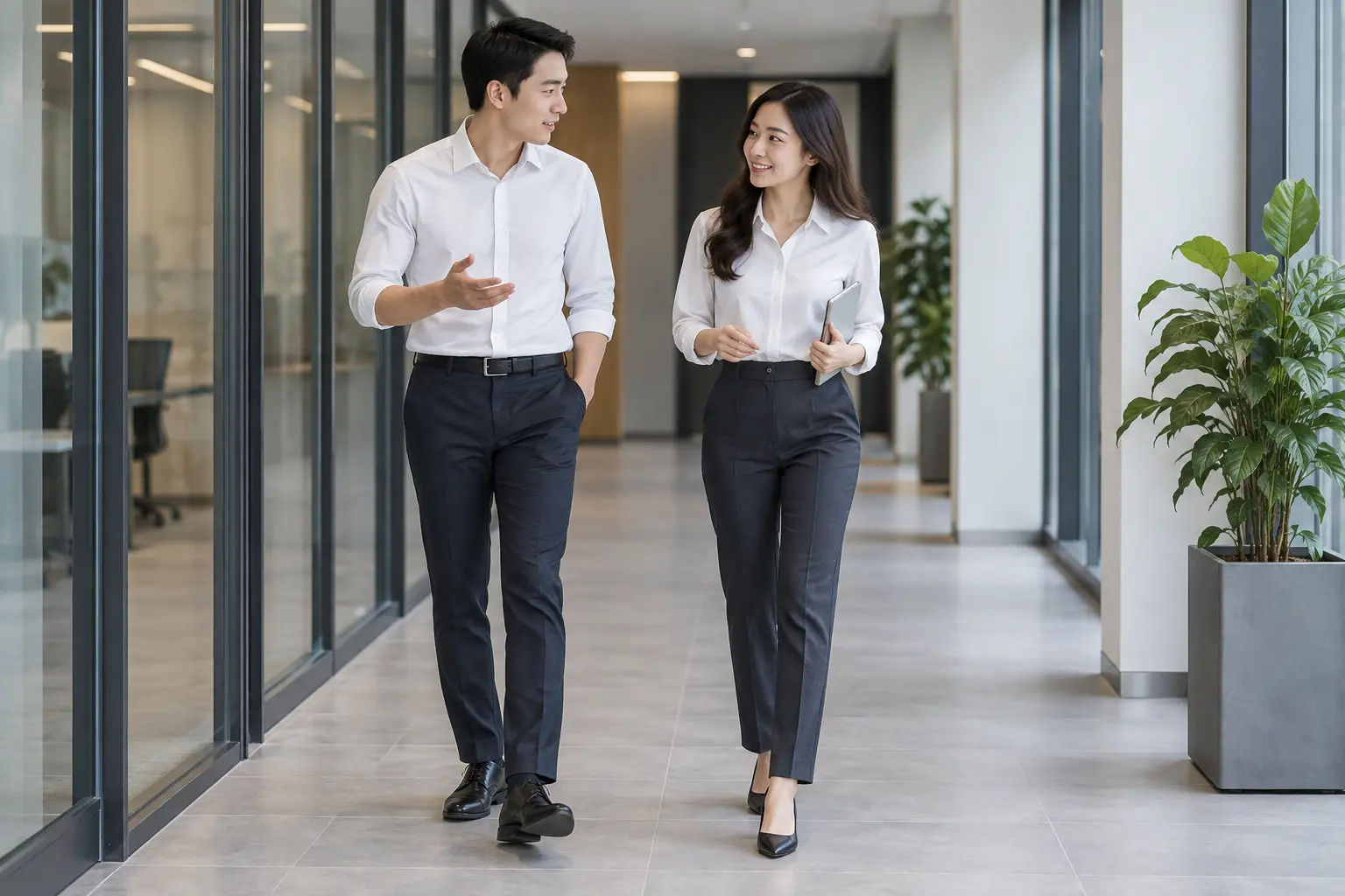 Nhân viên nam nữ mặc quần tây trong văn phòng