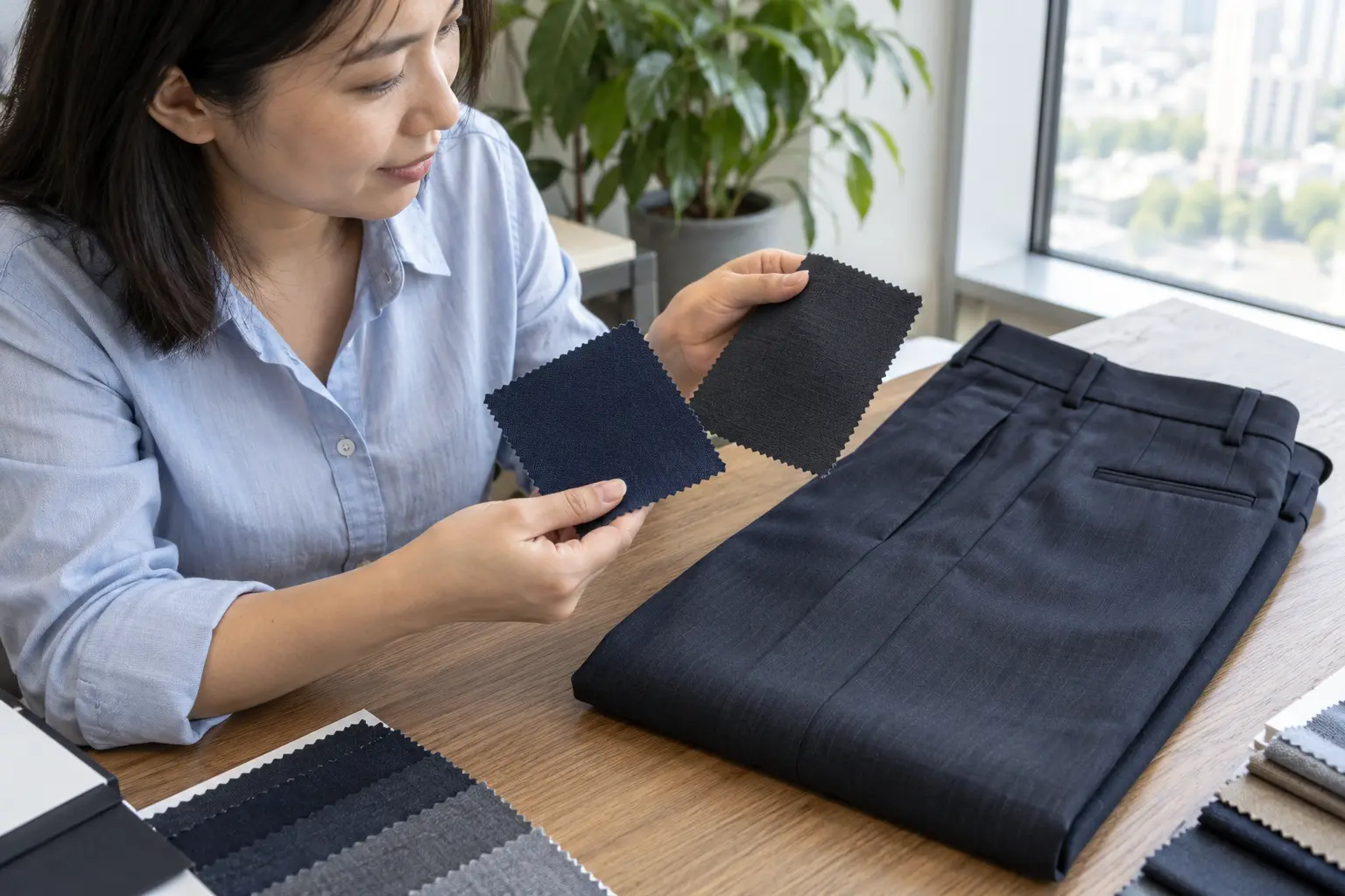 Người phụ trách mua hàng đối chiếu mẫu vải cạnh quần tây