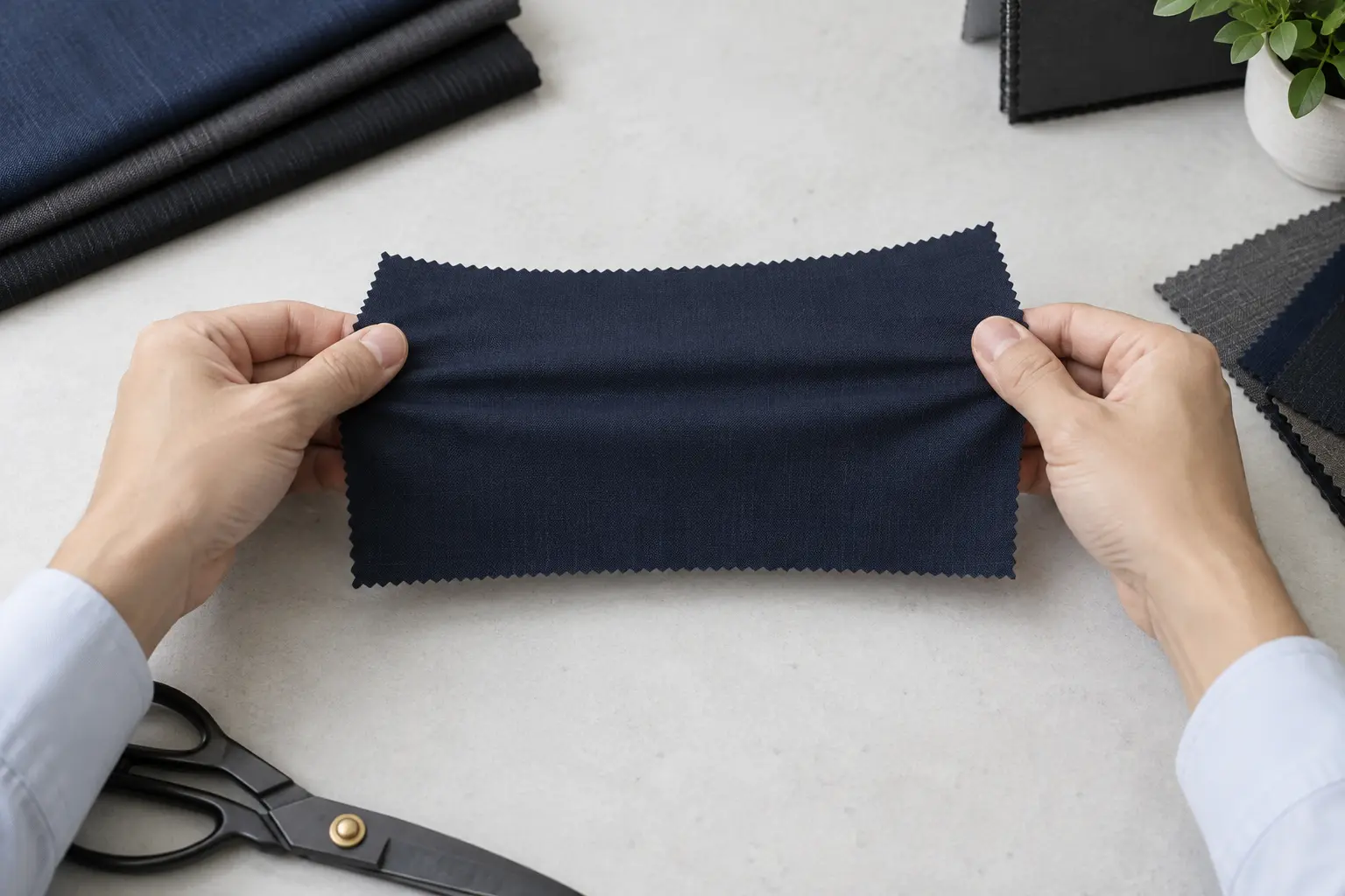 Hai tay kéo nhẹ mẫu vải navy để quan sát độ co giãn