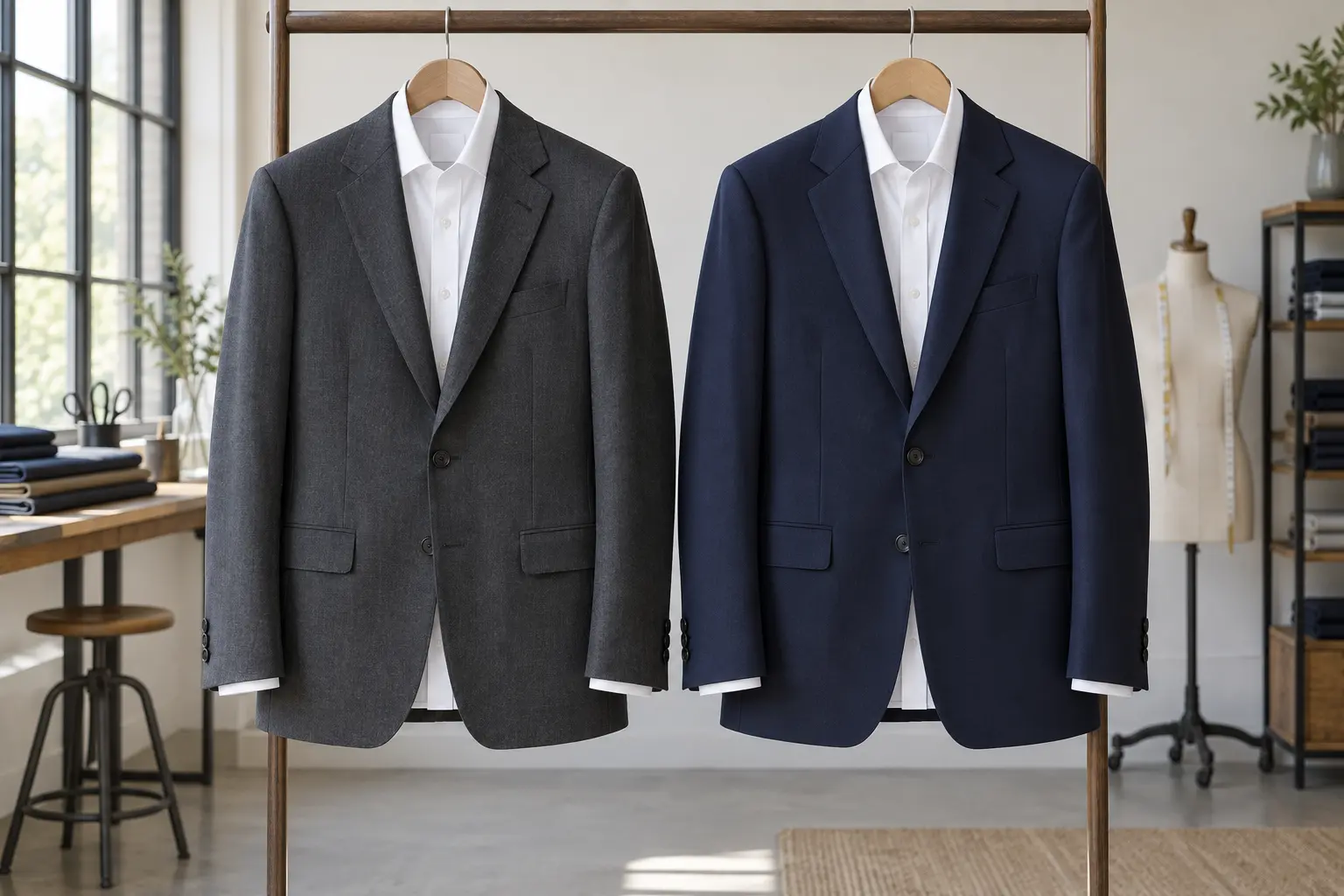 Hai áo vest charcoal và navy cùng kiểu ve treo cạnh nhau