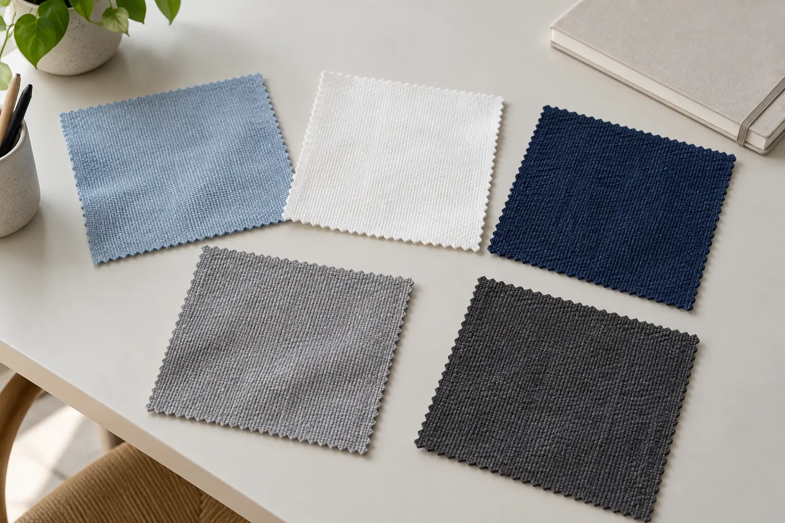 Năm mẫu vải xanh nhạt trắng navy xám và charcoal trên bàn