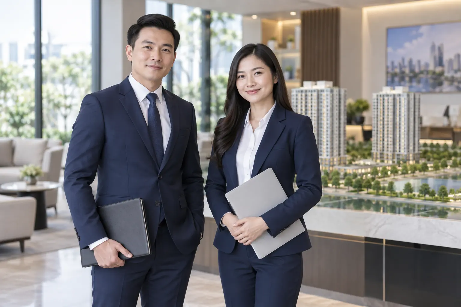 Chọn vải đồng phục theo ngành minh họa qua hai nhân viên mặc vest navy