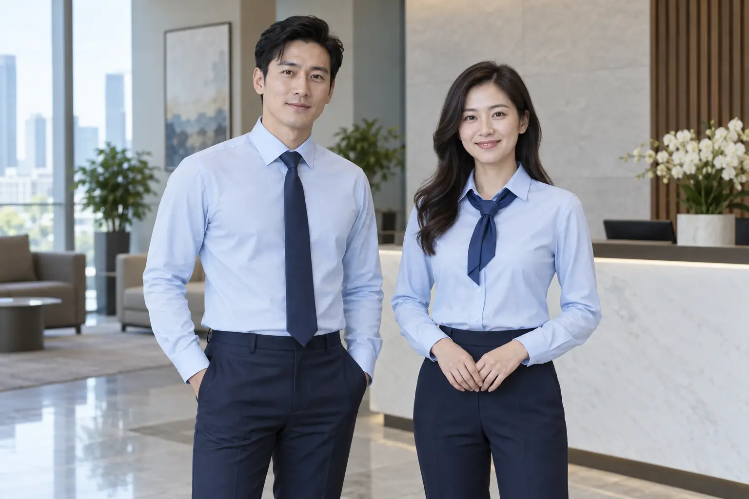 Hai nhân viên mặc sơ mi xanh nhạt và quần navy trong không gian văn phòng formal