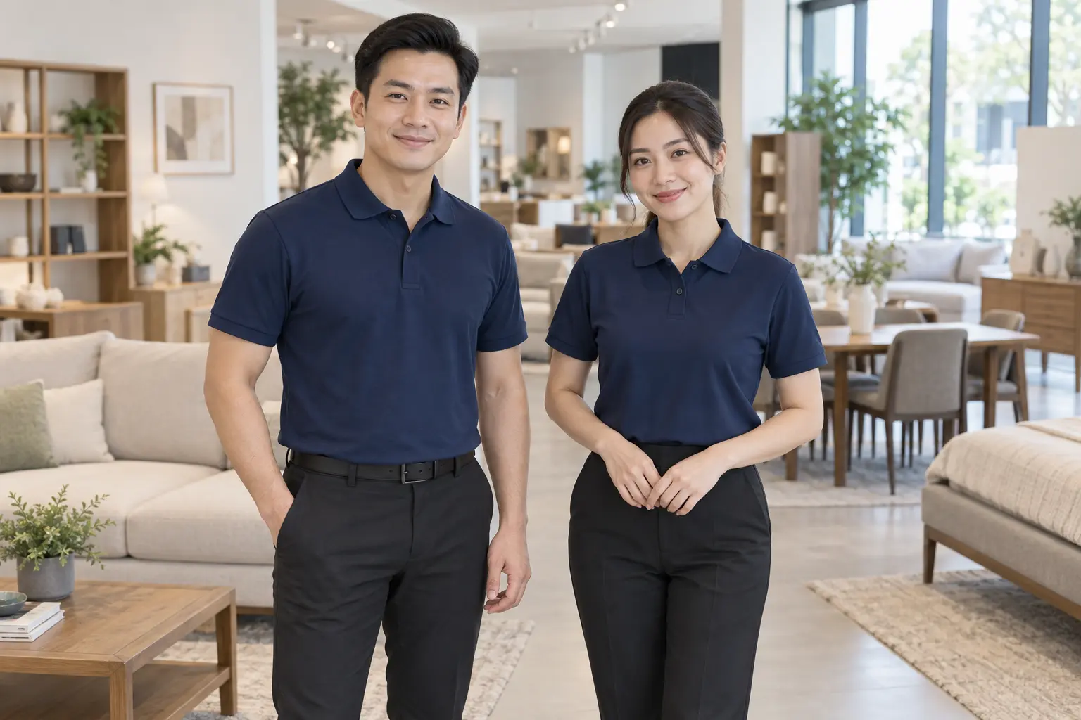 Hai nhân viên showroom mặc áo polo navy trơn không logo