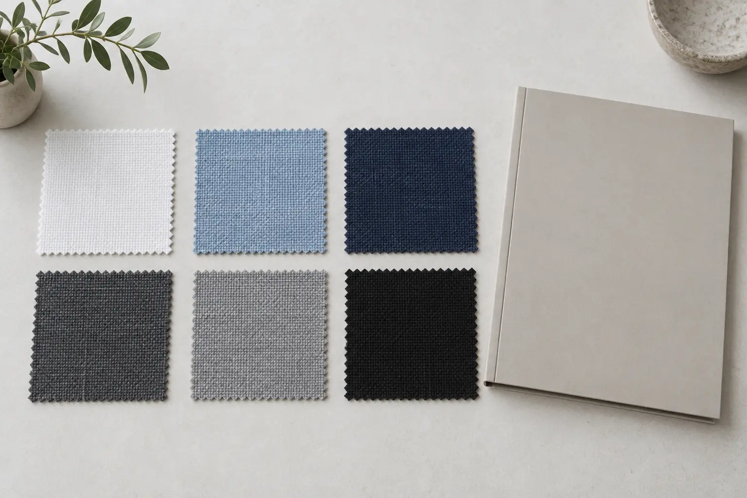 Sáu mẫu vải trắng xanh nhạt navy charcoal xám và đen trên bàn