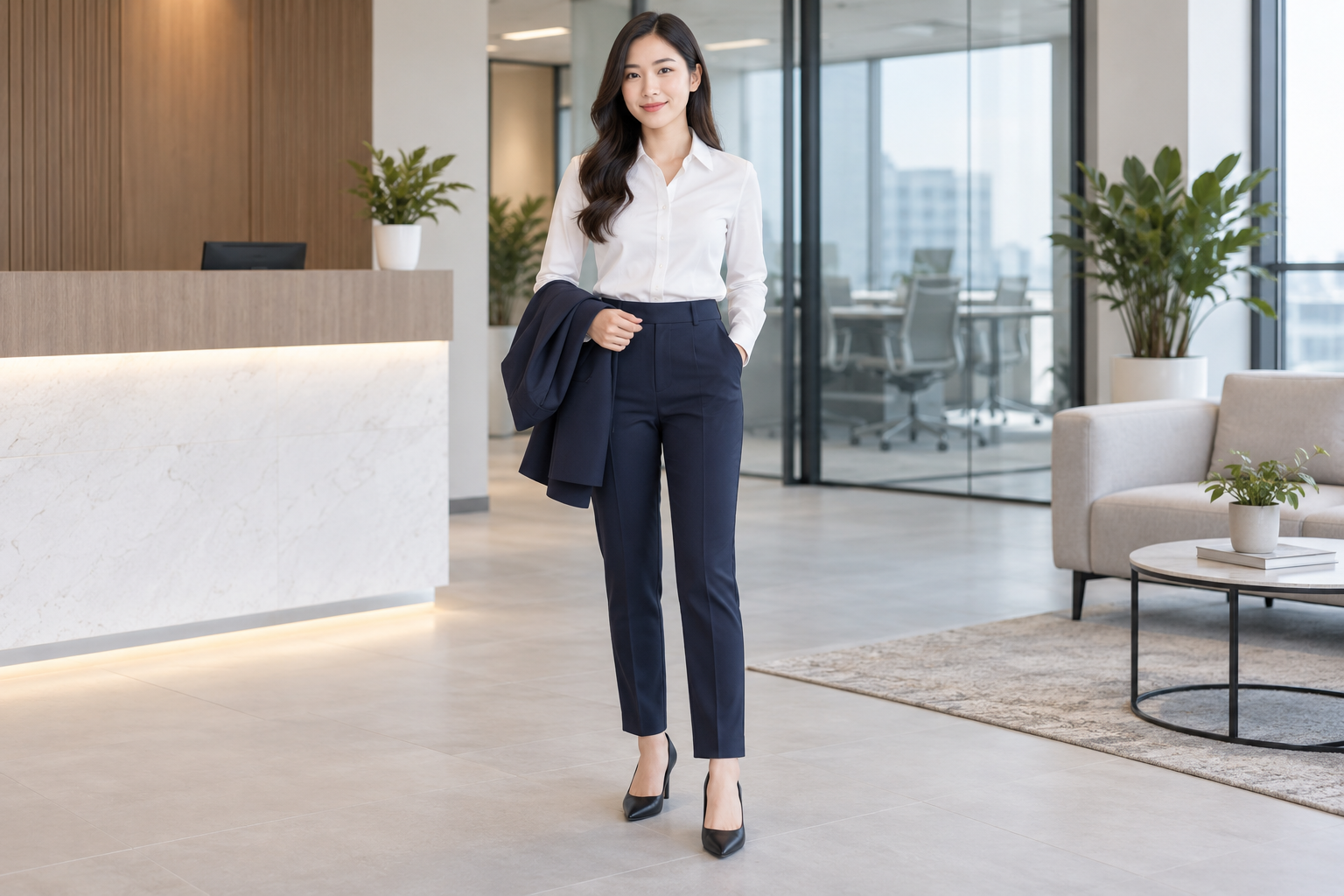 Form sơ mi đồng phục nữ phối quần navy