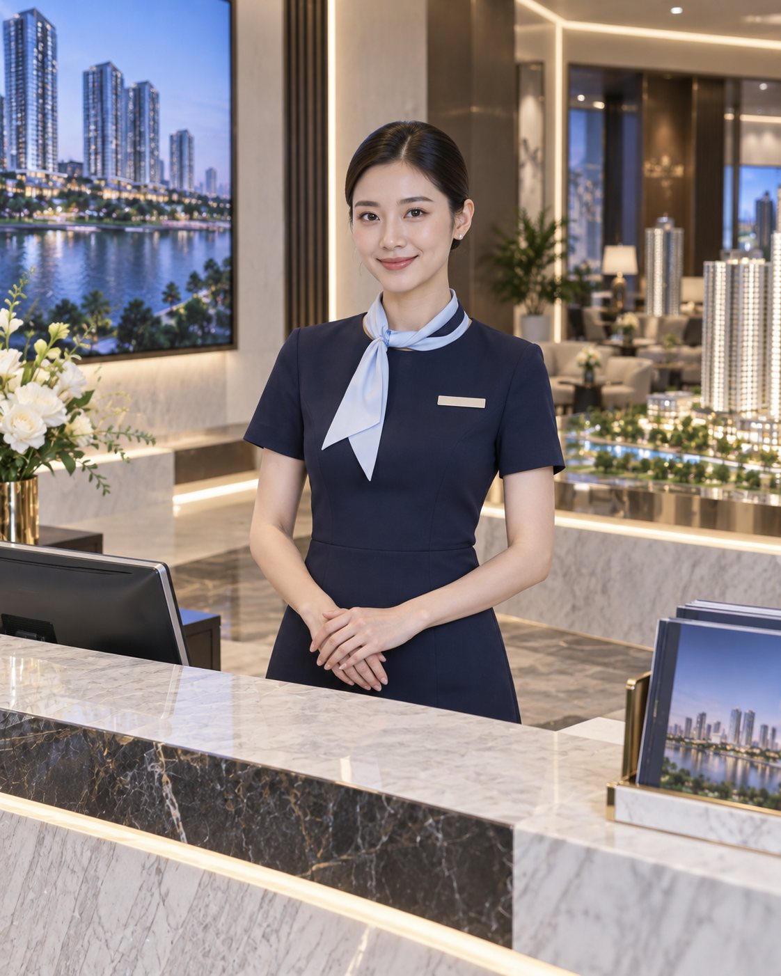 Lễ tân mặc đồng phục công ty bất động sản màu navy tại khu tiếp khách
