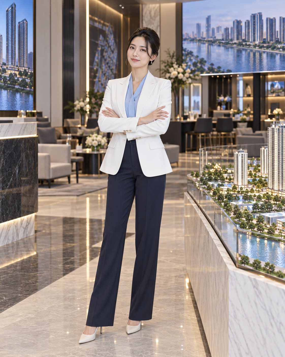 Quản lý sales gallery mặc blazer trắng và quần navy