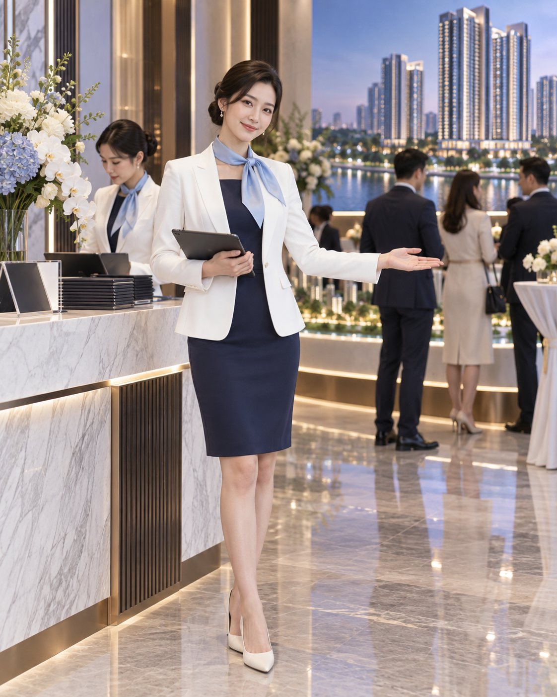 Đồng phục sự kiện mở bán bất động sản với blazer trắng và váy navy