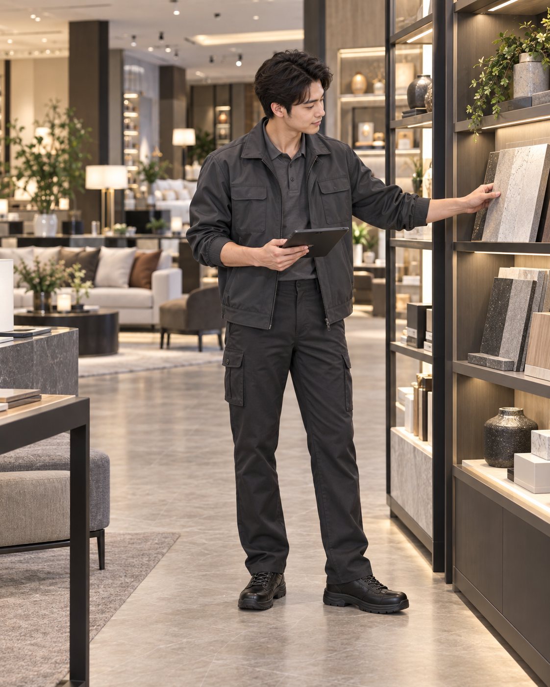 Nhân viên kỹ thuật Việt Nam mặc utility jacket charcoal thao tác tại showroom