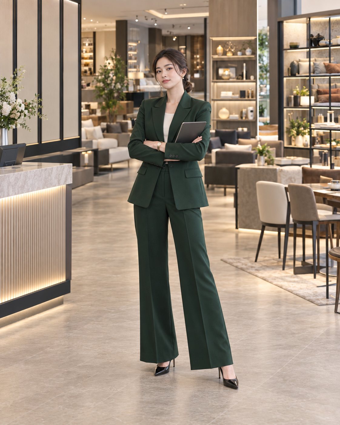 Quản lý showroom người Việt Nam mặc suit forest green hiện đại