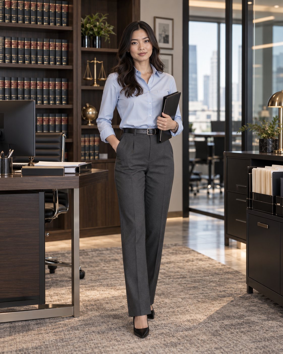 Trợ lý pháp lý người Việt Nam mặc sơ mi pale blue và quần charcoal trong văn phòng luật