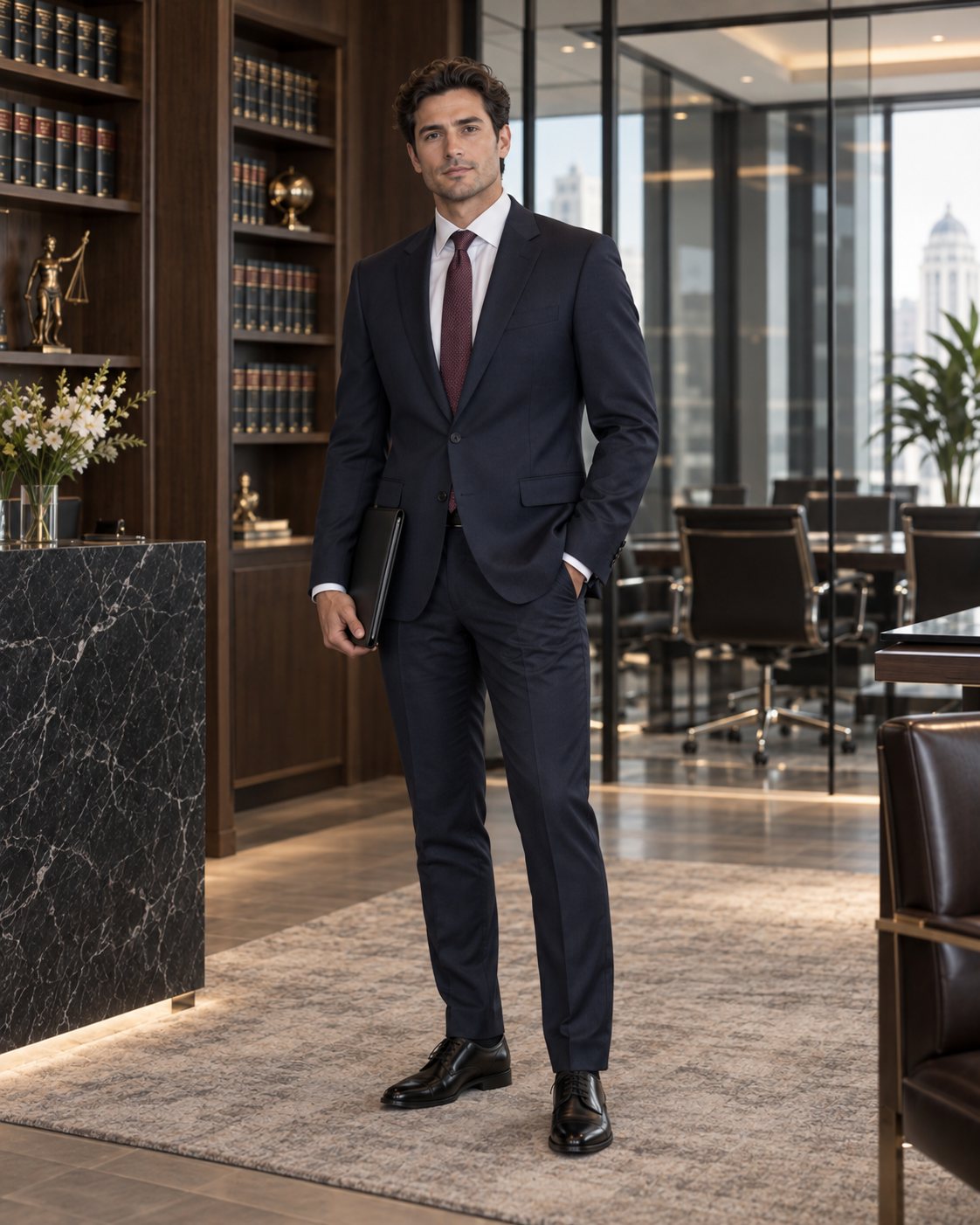 Luật sư người Việt Nam mặc suit tối màu, sơ mi trắng và điểm nhấn burgundy