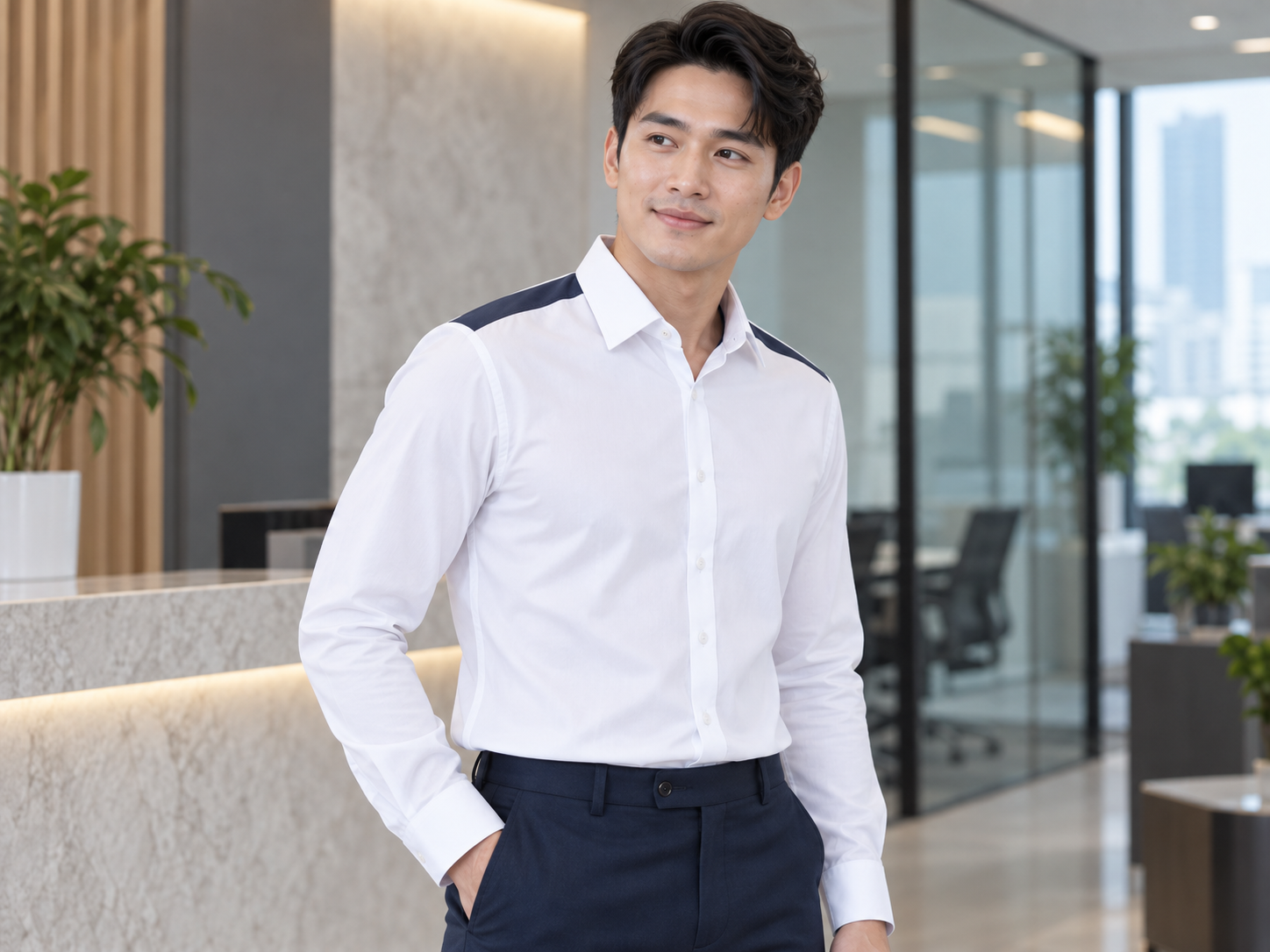 Mẫu sơ mi trắng công sở phối cầu vai màu navy