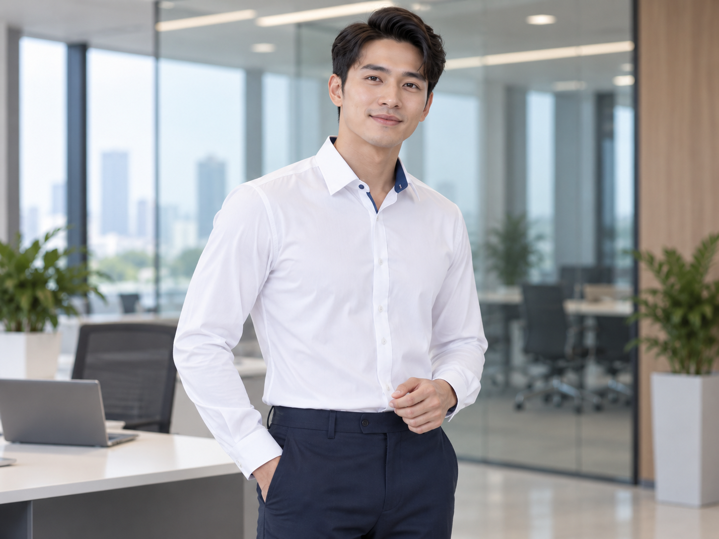 Mẫu sơ mi trắng công sở phối chân cổ màu navy