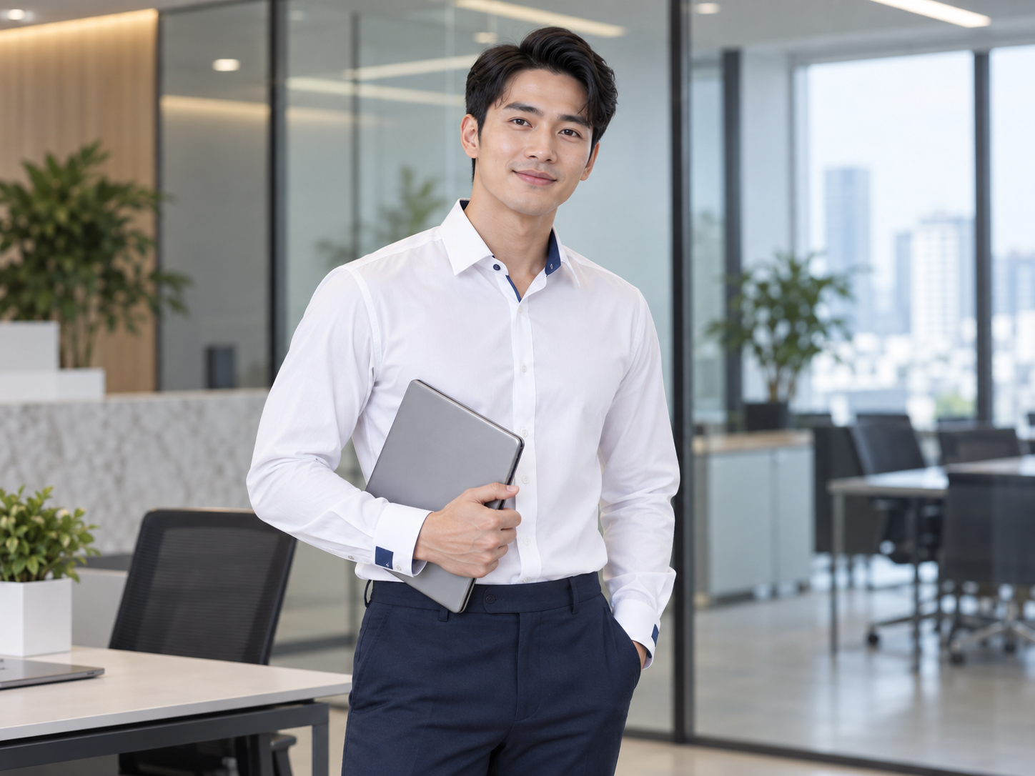 Mẫu sơ mi trắng công sở phối măng sét màu xanh đen