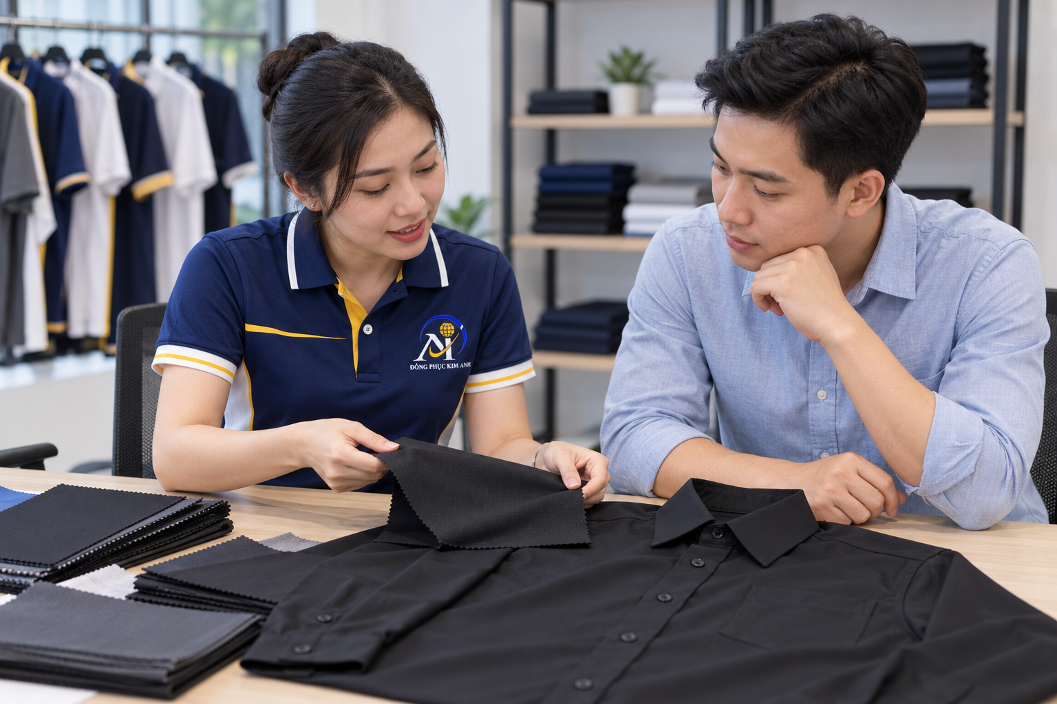 Minh họa bước tư vấn chất liệu và mẫu sơ mi màu đen tại Đồng Phục Kim Anh