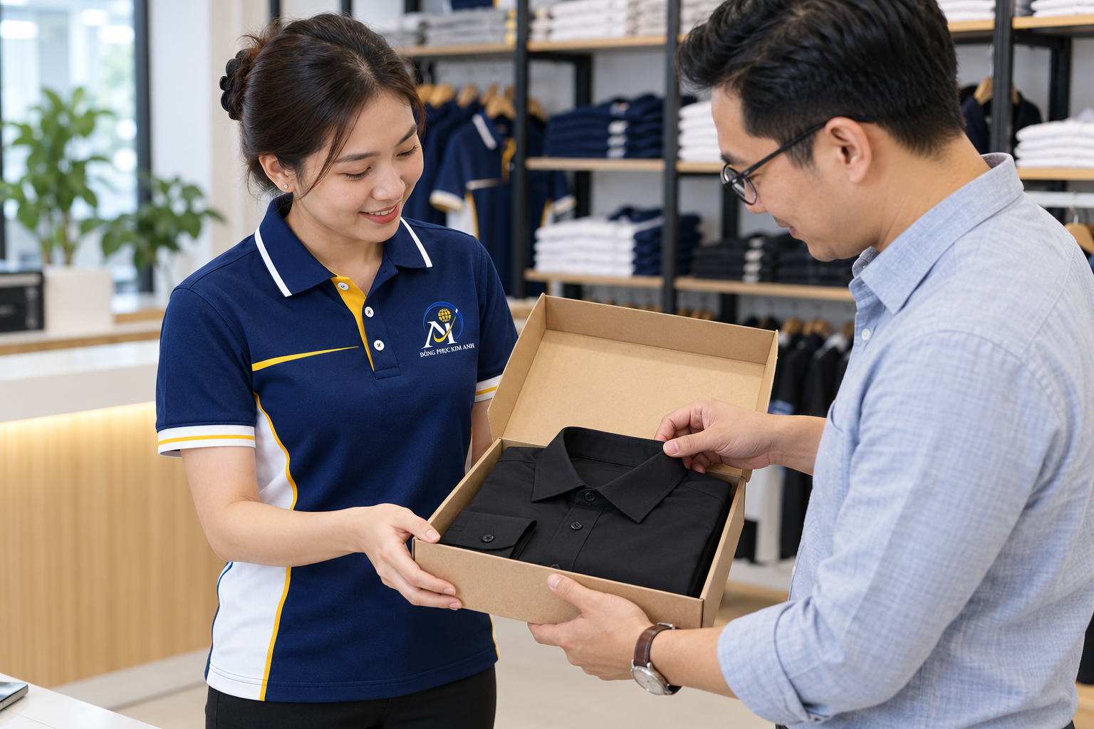 Minh họa bước kiểm tra và bàn giao đơn hàng tại Đồng Phục Kim Anh