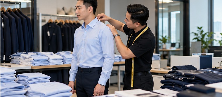 Nhân viên kỹ thuật kiểm tra vai và form sơ mi khi thử mẫu